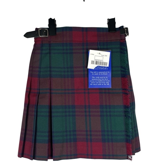 JAMES PRINGLE WEAVERS NWT Girls Clan Lindsay Tartan Red Green Kilt Skirt 3/4 - Picture 1 of 9